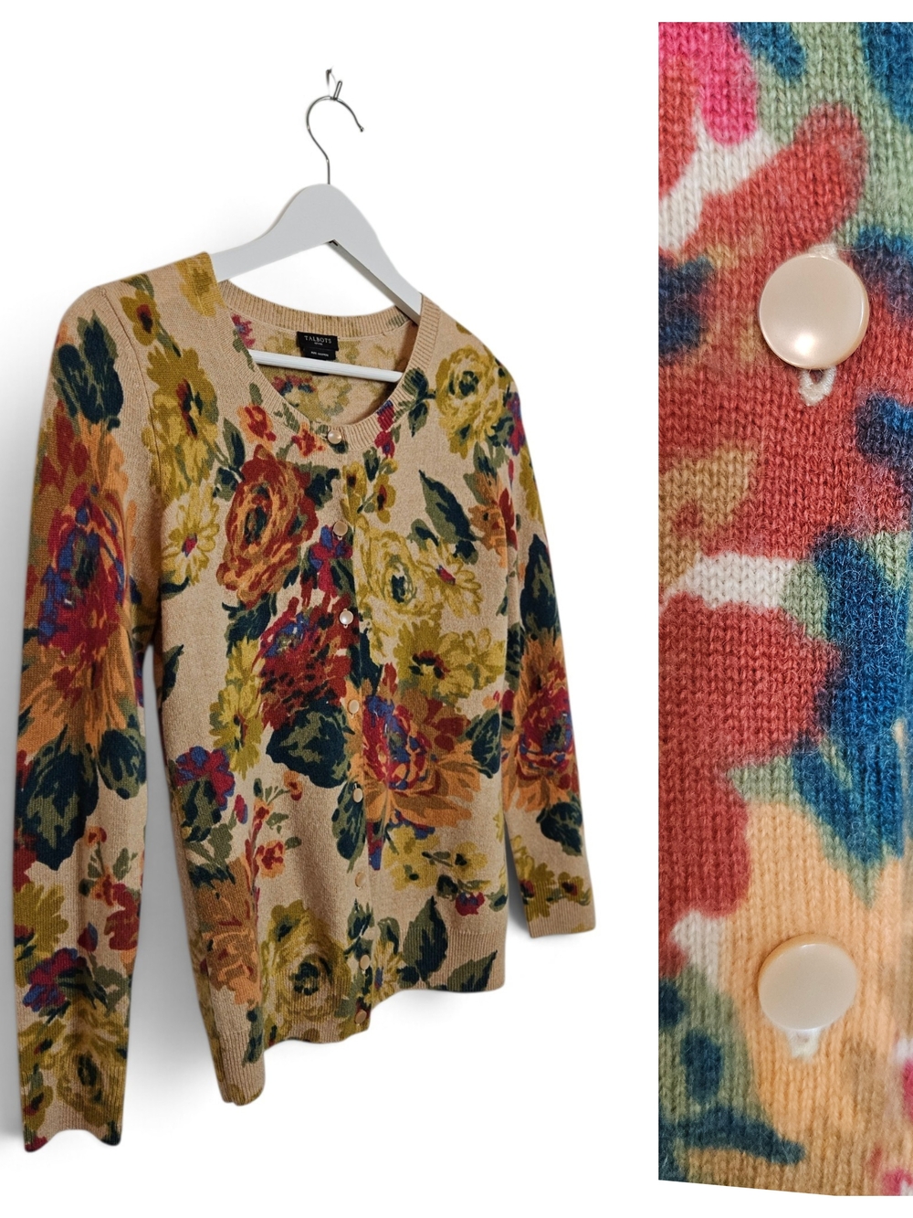 Talbots Pure Cashmere Floral Cardigan P XS Botanical Cottagecore Grannycore Tan